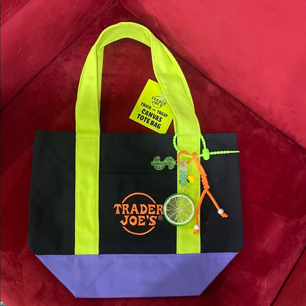Trader Joe’s Black and Purple Canvas mini  Tote Bag new
